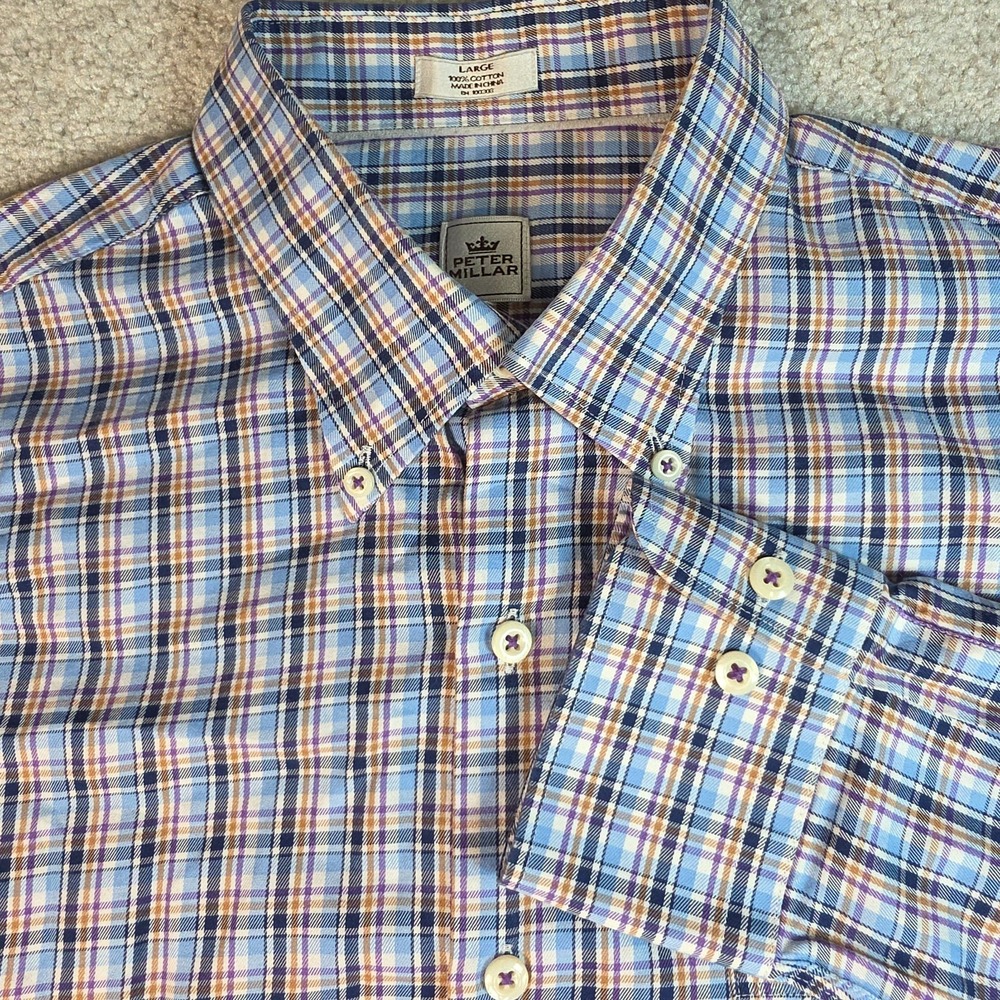 Peter Millar Button Down Shirt Mens Large Blue Purple Orange Plaid Long Sleeve